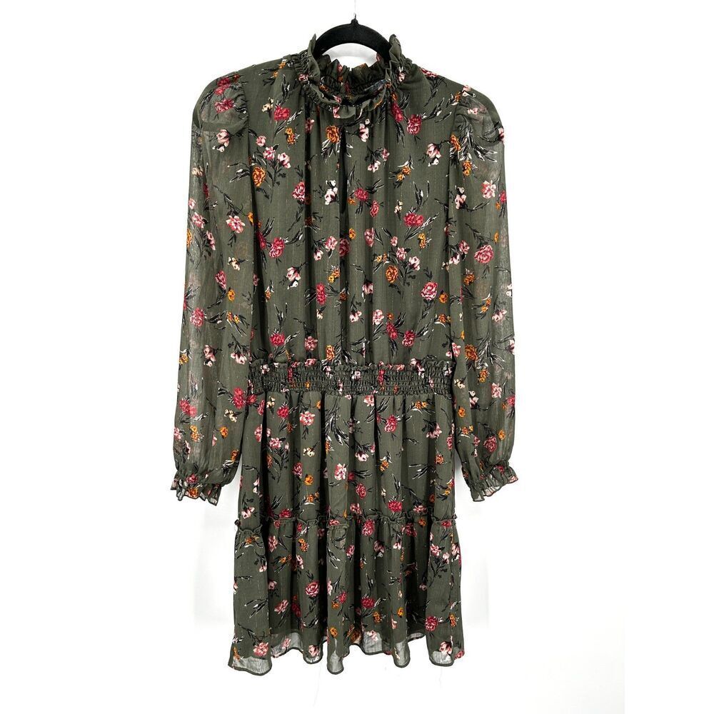 DREW Olive Green Pink Floral Smock Tiered Sheer Sleeve Prairie Mini Dress Large